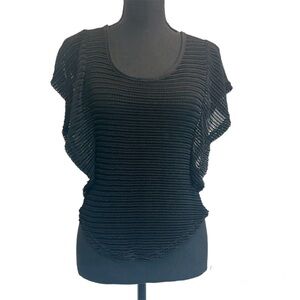 Discreet black mesh semi sheer ruffle frill sleeve blouse top stretchy